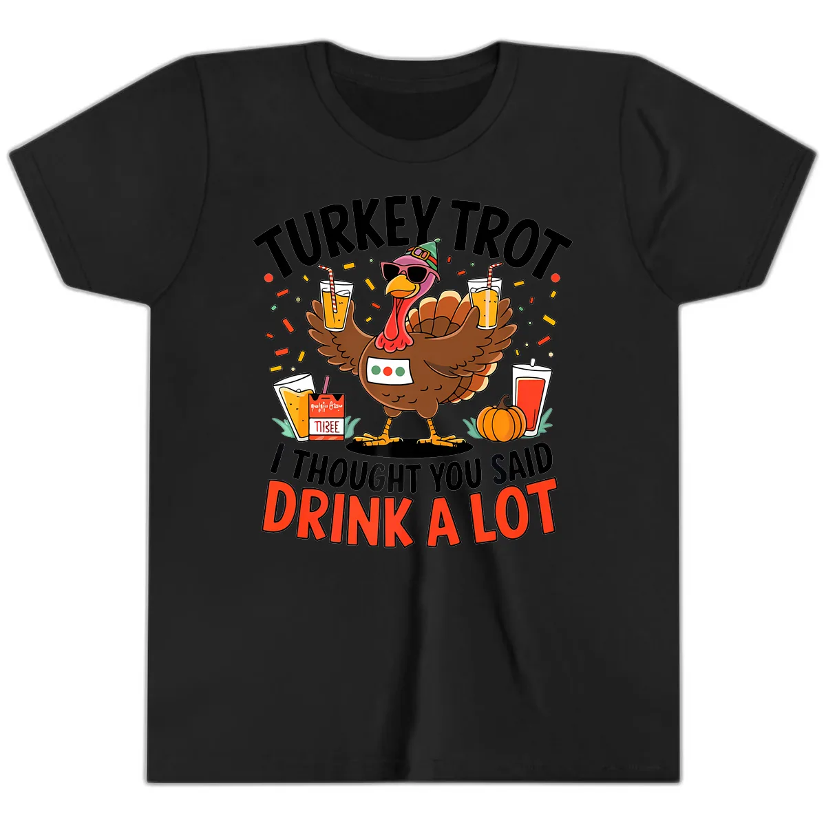 Turkey Trot Drink A Lot Design Youth T-Shirt in Black