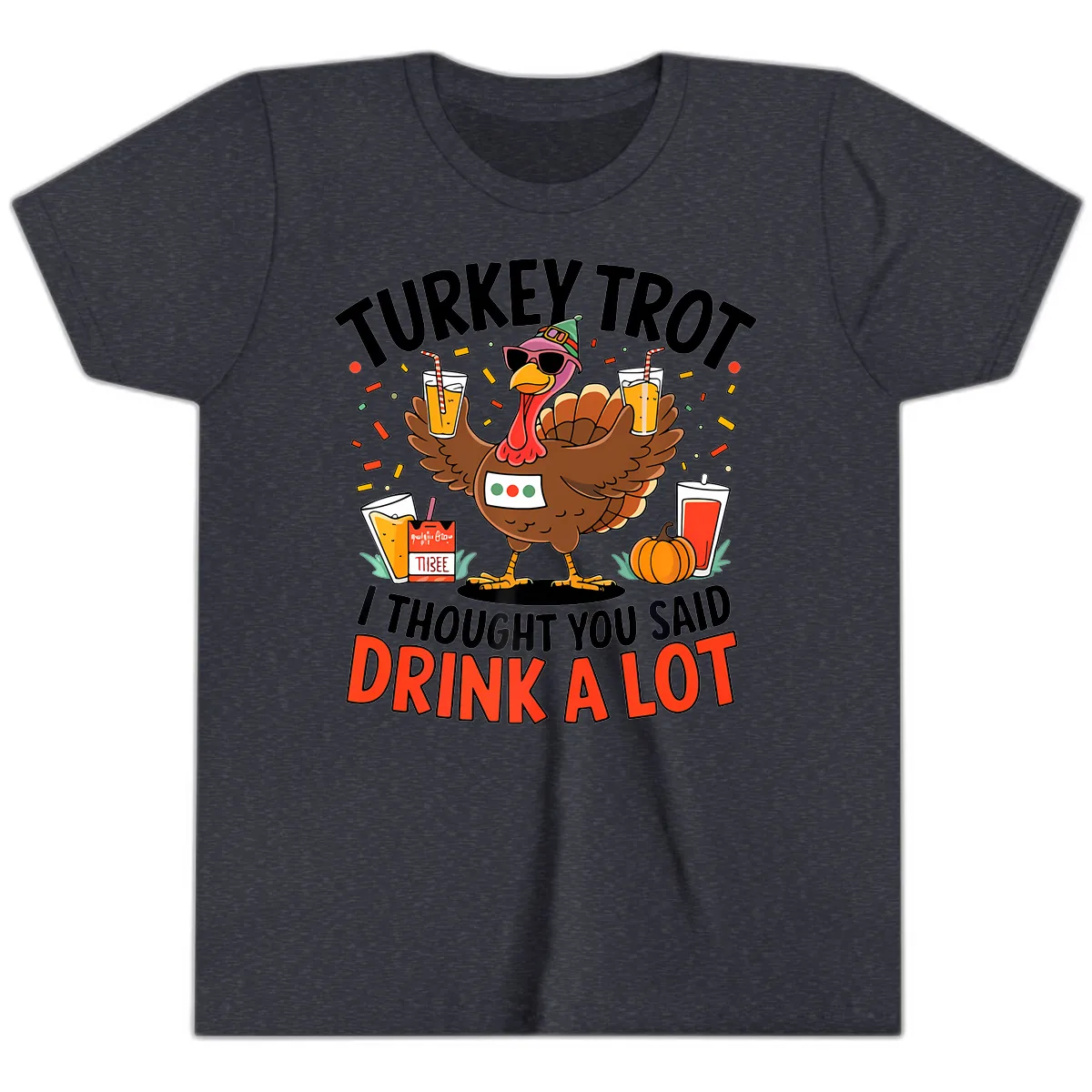 Turkey Trot Drink A Lot Design Youth T-Shirt in Heather Navy