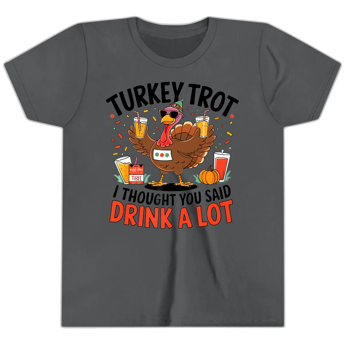 Turkey Trot Drink A Lot Design Youth T-Shirt in Asphalt