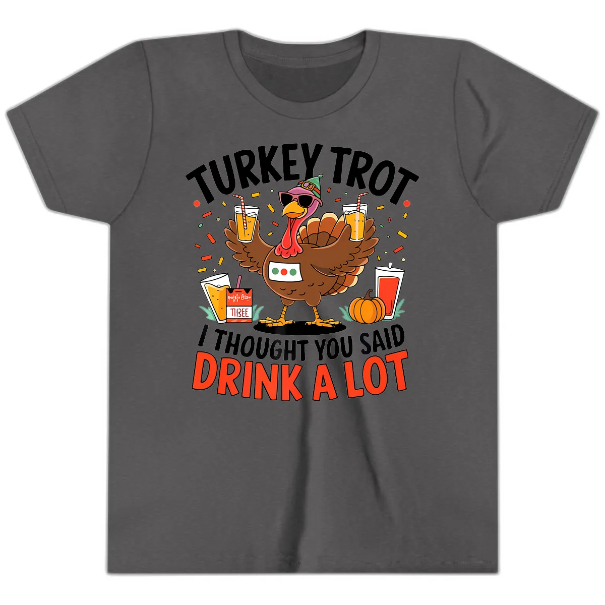 Turkey Trot Drink A Lot Design Youth T-Shirt in Dark Heather Grey
