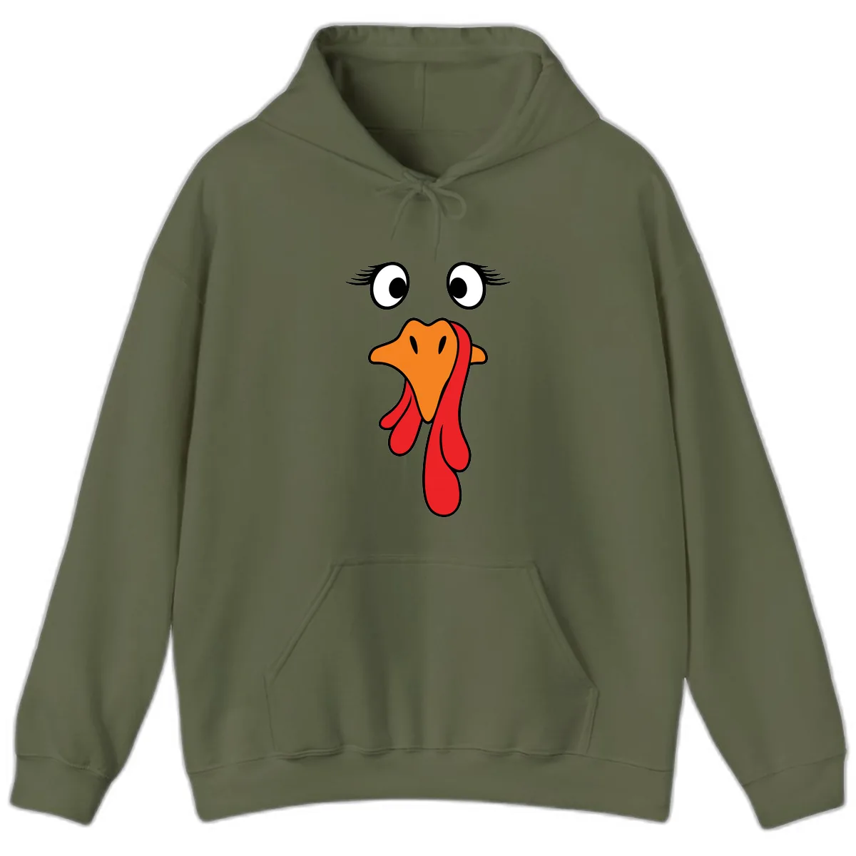 Funny Turkey Face Thanksgiving Trot Hoodie in Military Green