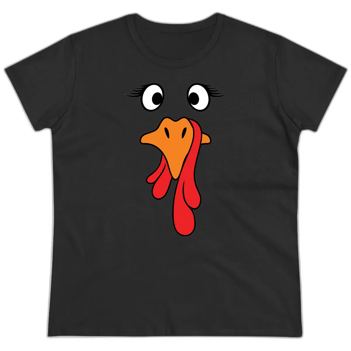 Funny Turkey Face Thanksgiving Trot Ladies Tee in Black