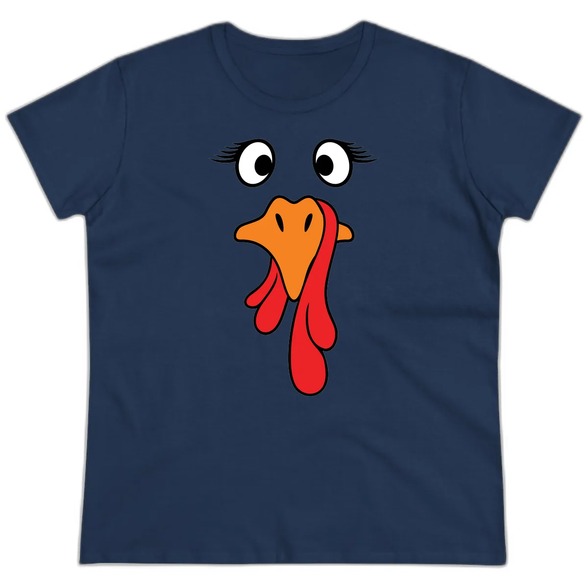 Funny Turkey Face Thanksgiving Trot Ladies Tee in Navy