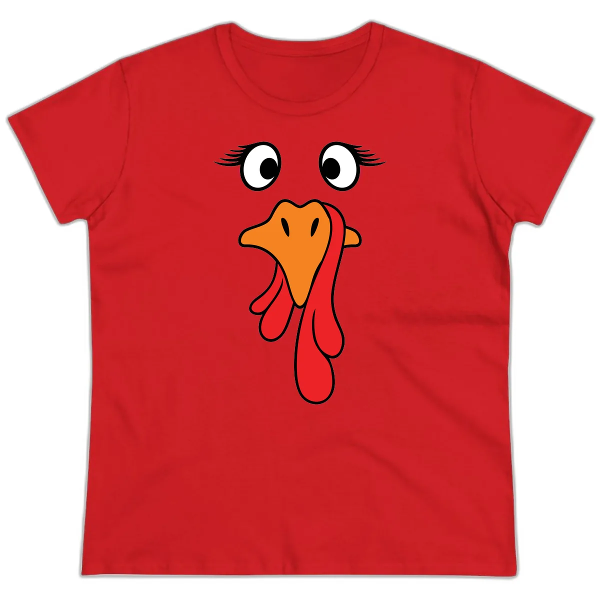 Funny Turkey Face Thanksgiving Trot Ladies Tee in Red