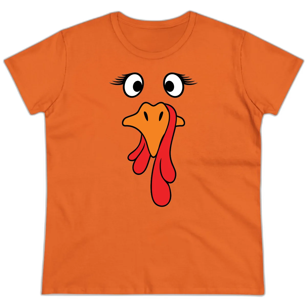 Funny Turkey Face Thanksgiving Trot Ladies Tee in Orange