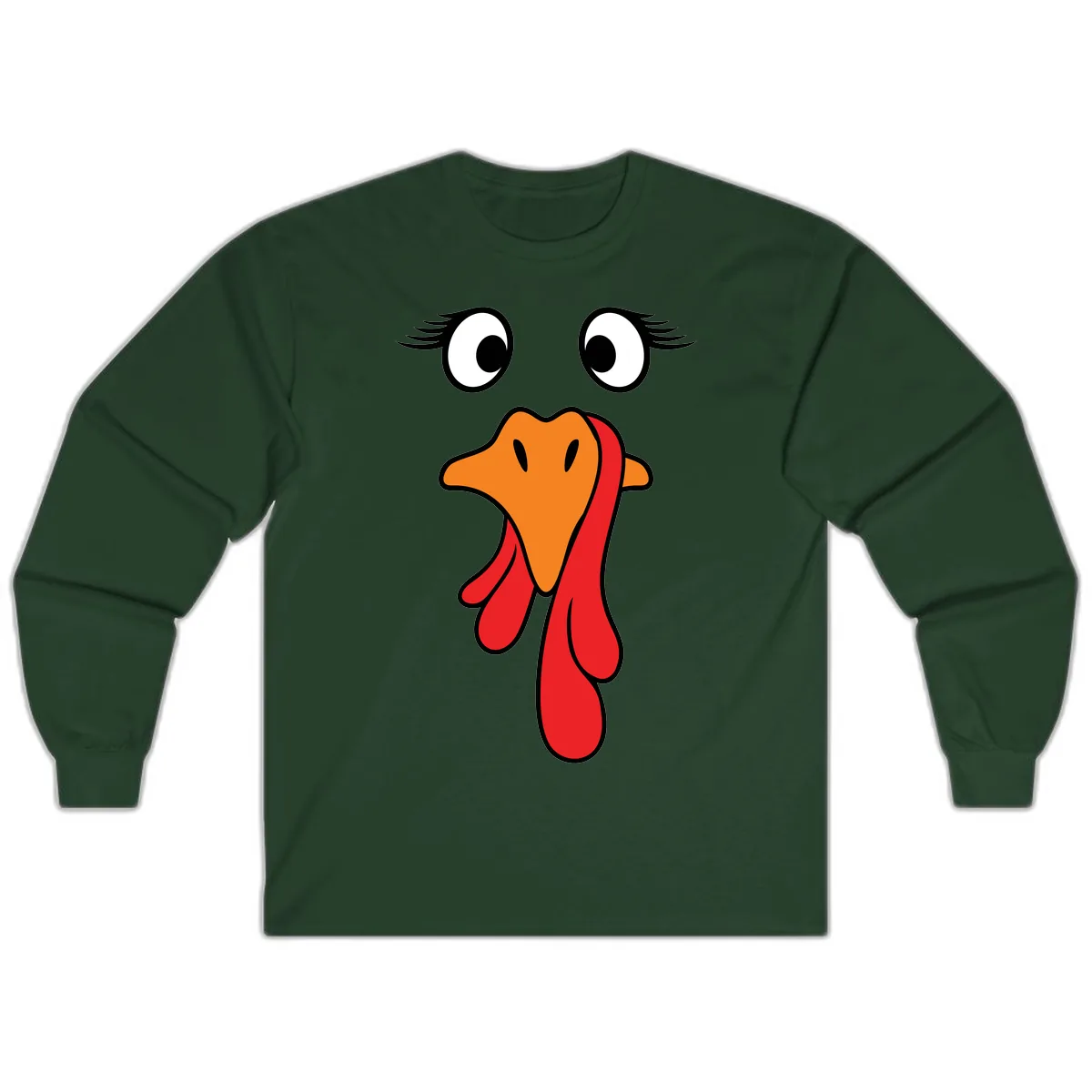 Funny Turkey Face Thanksgiving Trot Long Sleeve in Forest Green