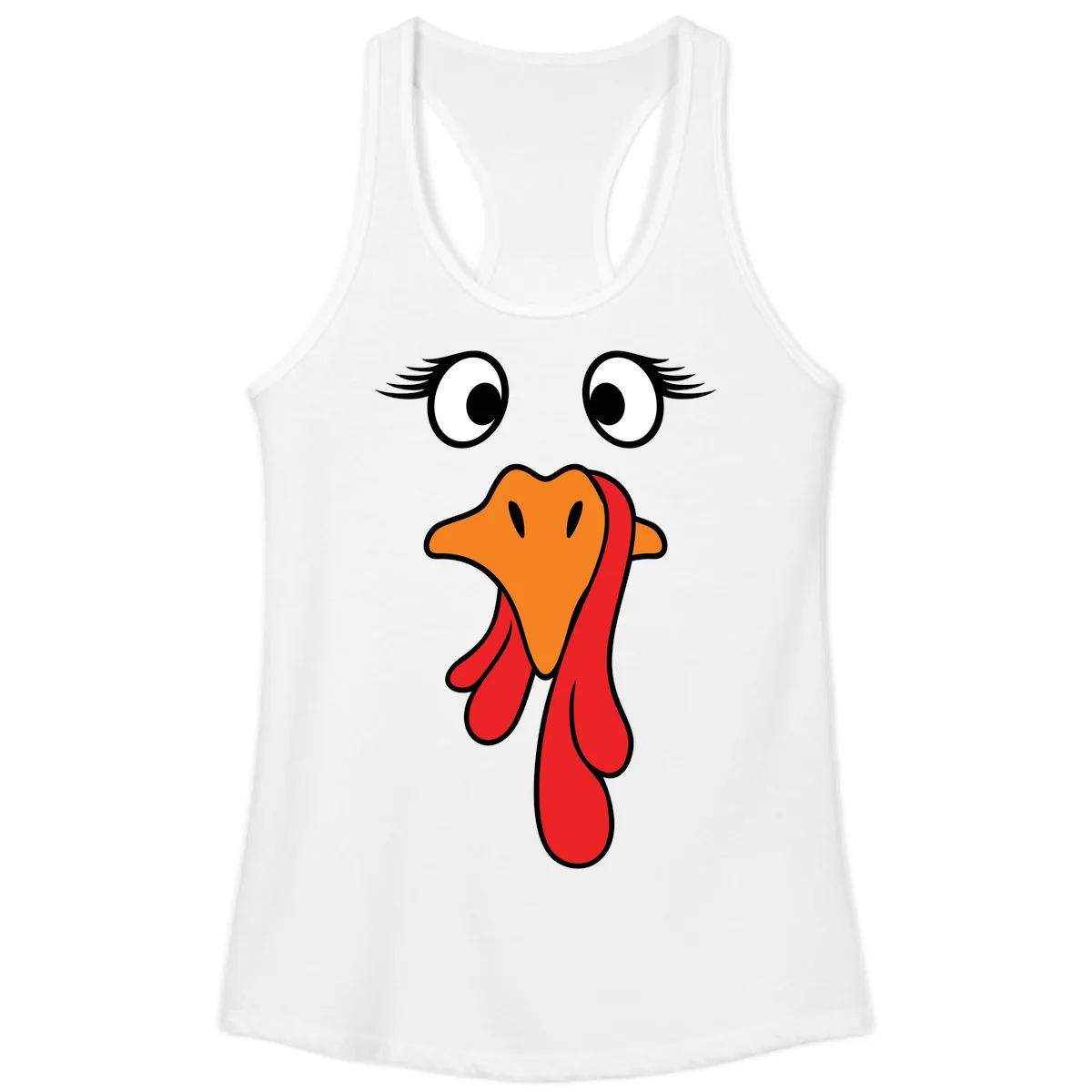 Funny Turkey Face Thanksgiving Trot Ladies Tank in White