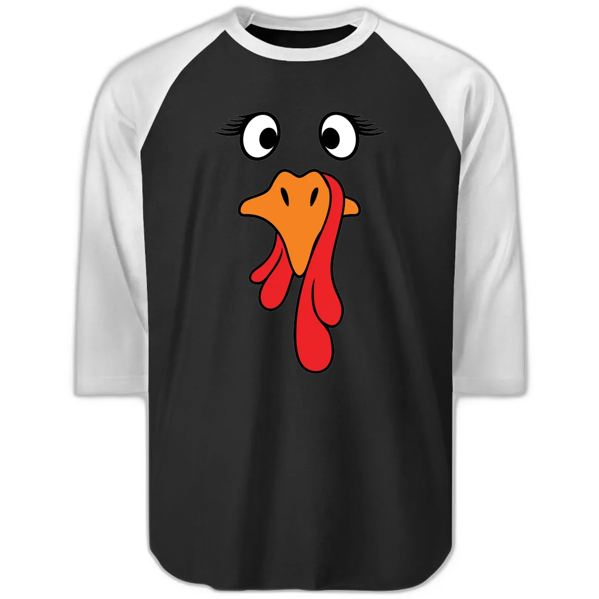 Funny Turkey Face Thanksgiving Trot Raglan 3/4 in Black White