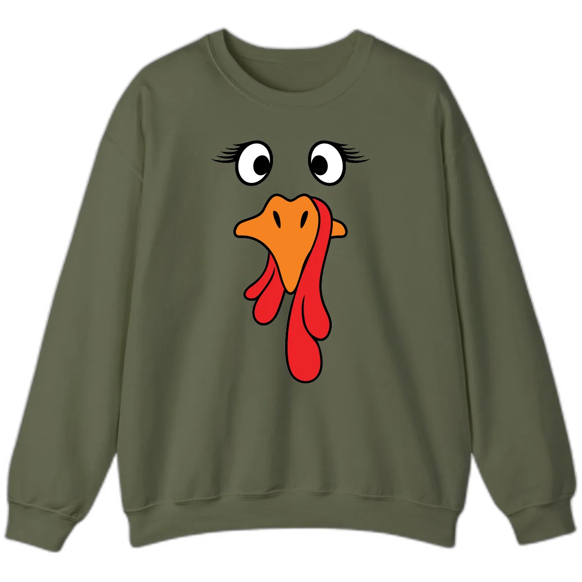 Funny Turkey Face Thanksgiving Trot Sweatshirt in Military Green