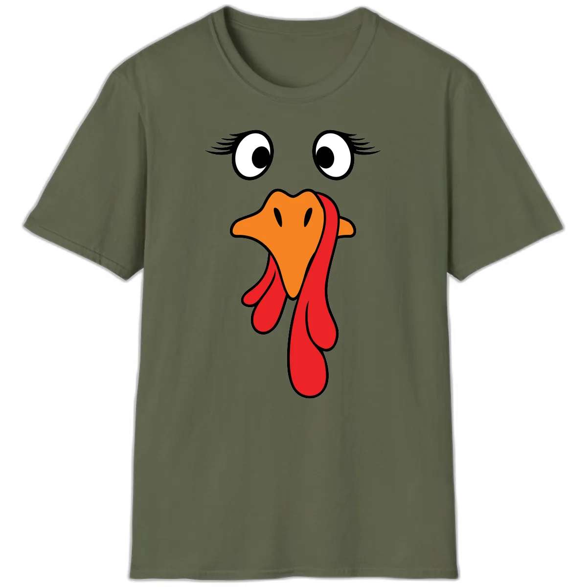 Funny Turkey Face Thanksgiving Trot T-Shirt in Military Green
