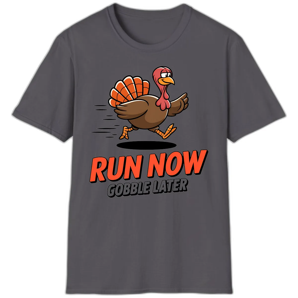 Run Now Gobble Later Turkey Trot Design T-Shirt in Charcoal