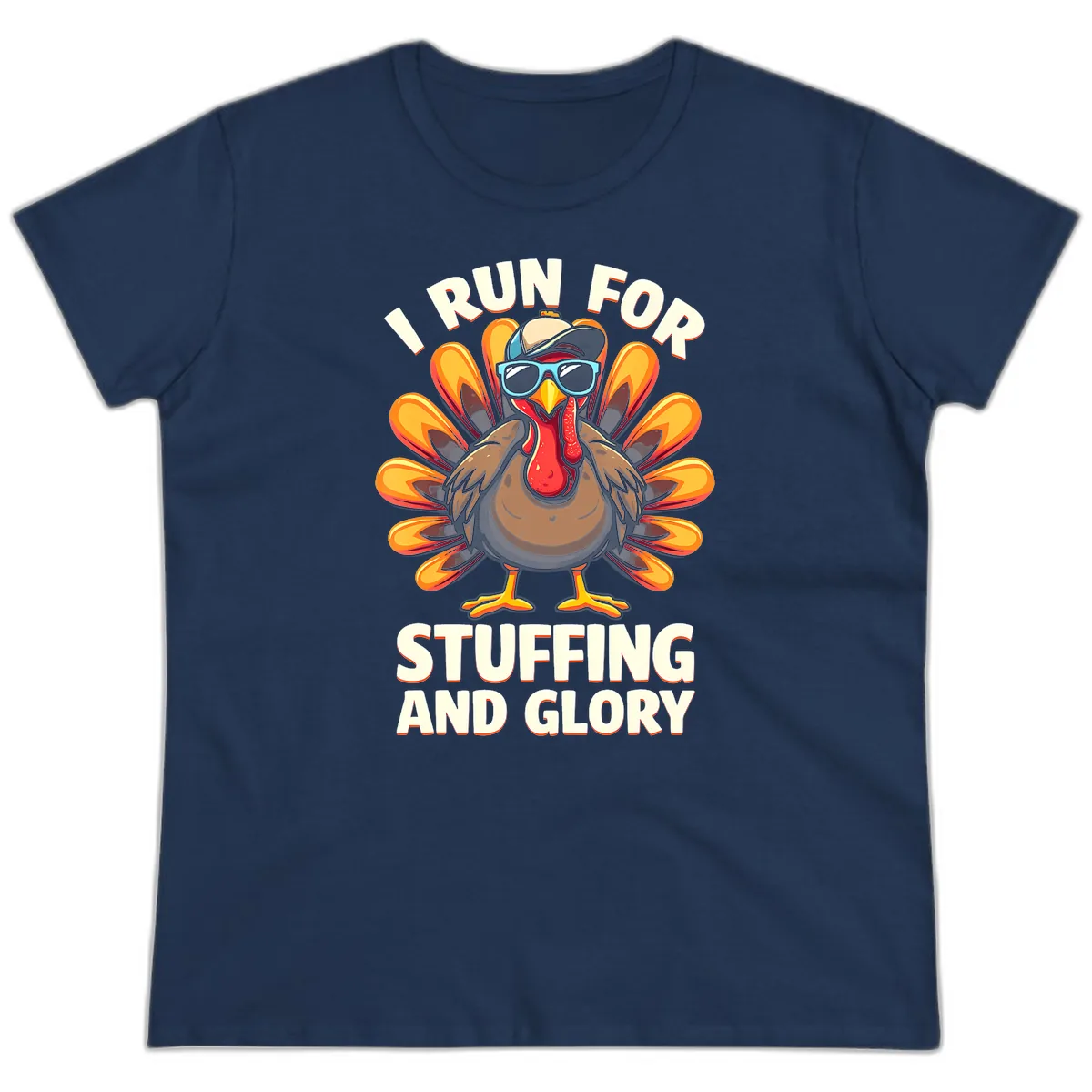 I Run For Stuffing And Glory Turkey Trot Ladies Tee in Navy