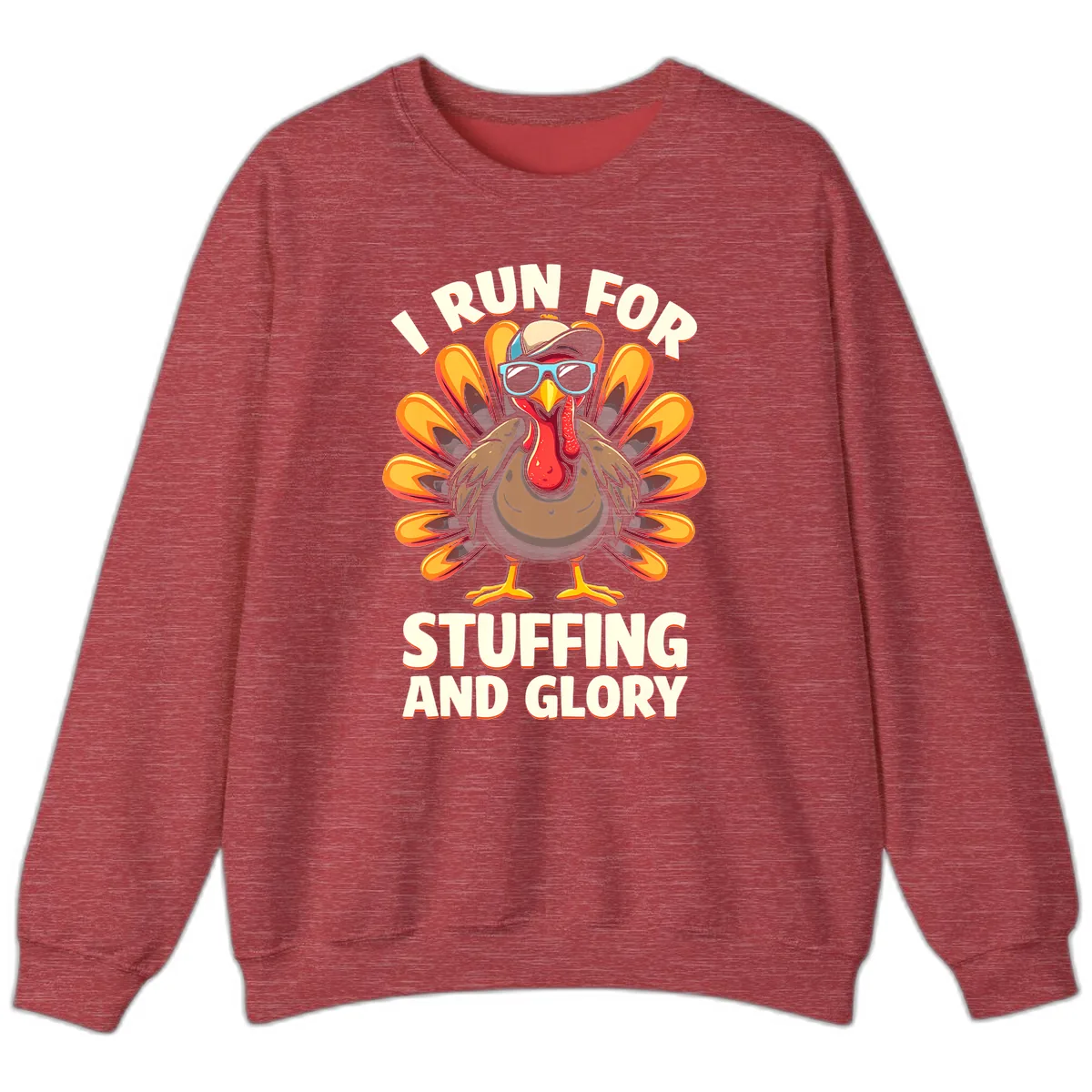 I Run For Stuffing And Glory Turkey Trot Sweatshirt in Heather Scarlet Red