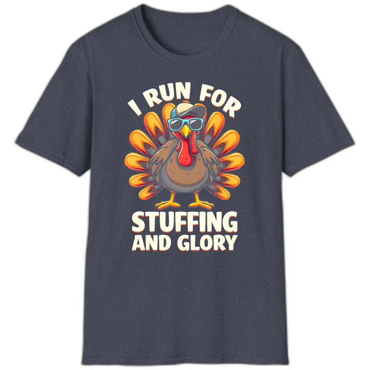 I Run For Stuffing And Glory Turkey Trot T-Shirt in Heather Navy