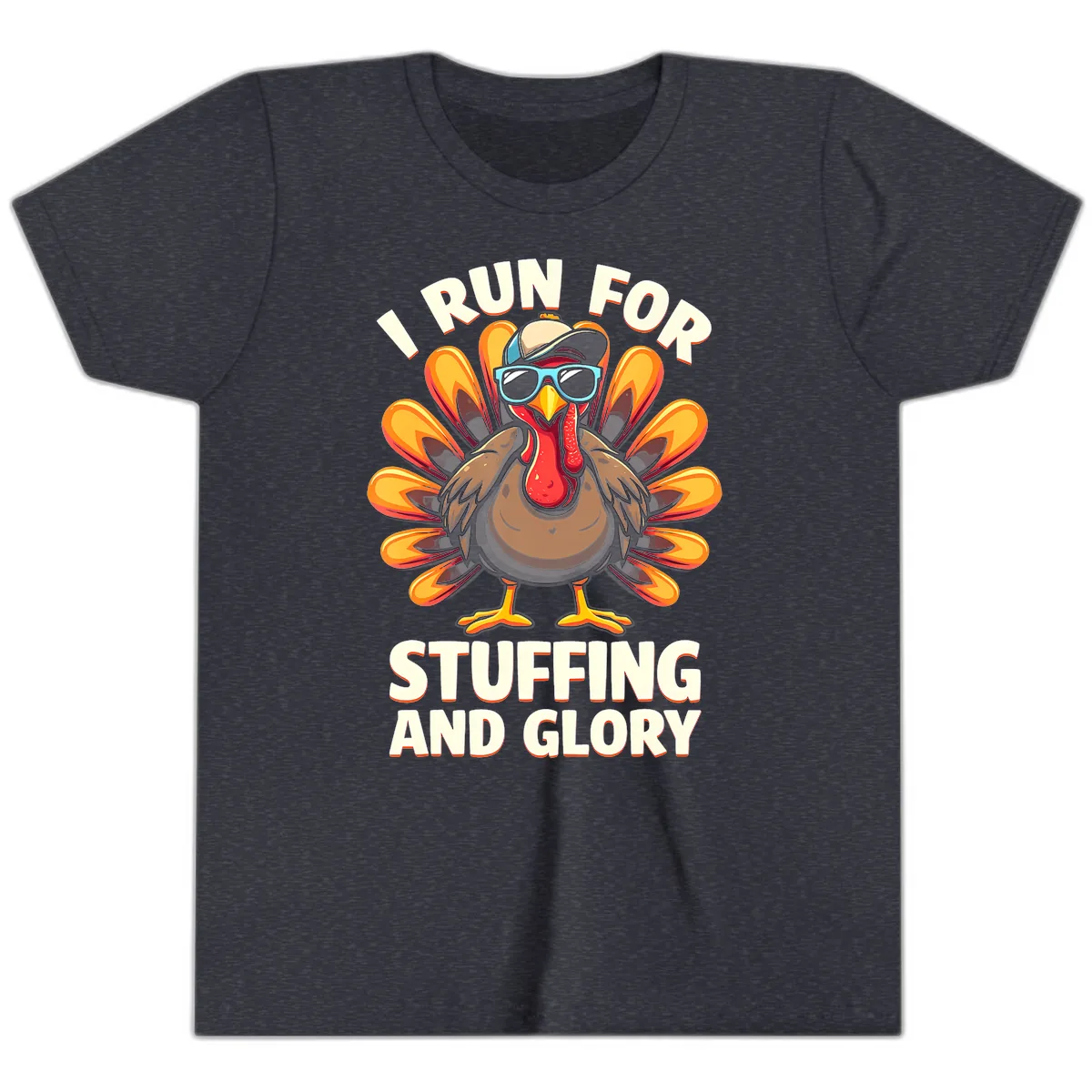 I Run For Stuffing And Glory Turkey Trot Youth T-Shirt in Heather Navy