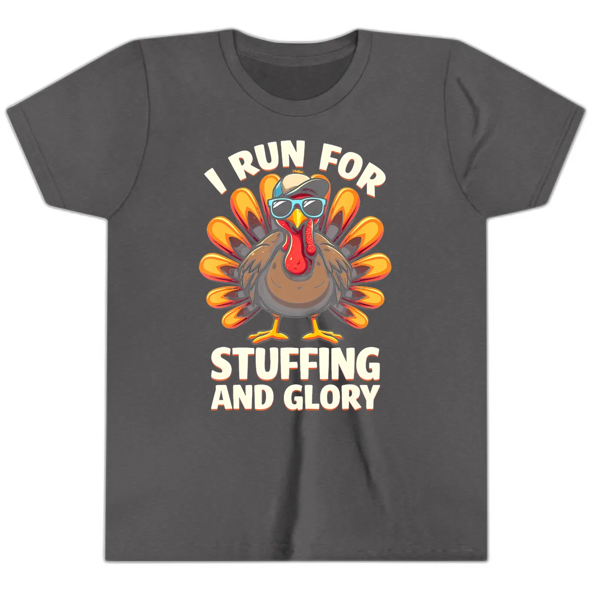 I Run For Stuffing And Glory Turkey Trot Youth T-Shirt in Dark Heather Grey