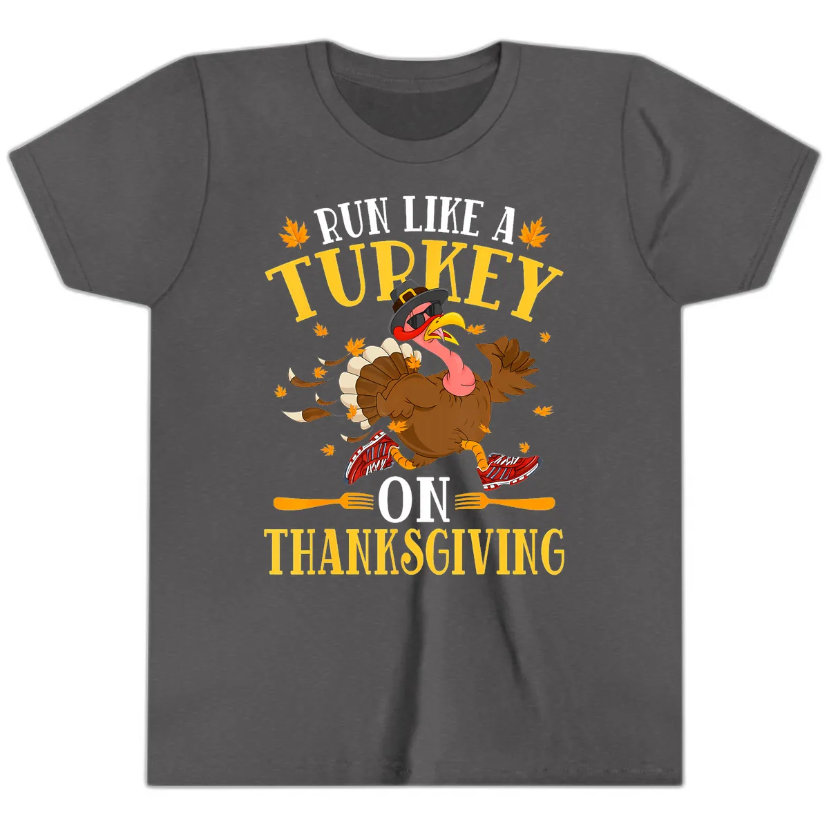 Run Like A Turkey On Thanksgiving Youth T-Shirt in Dark Heather Grey