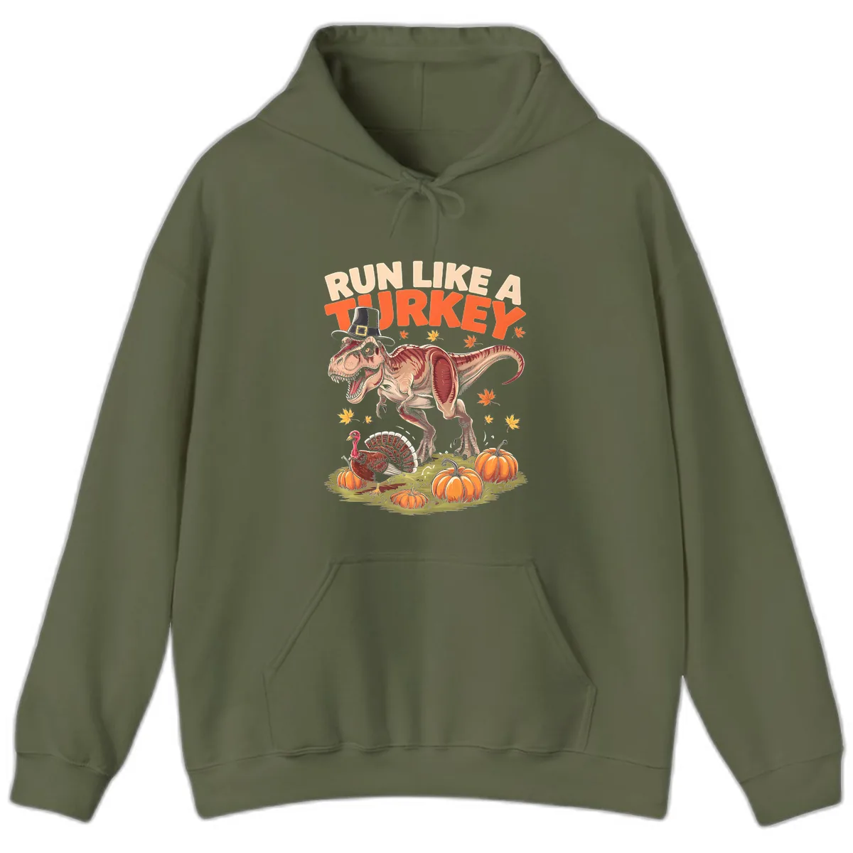 Run Like A Turkey Dinosaur Design Hoodie in Military Green