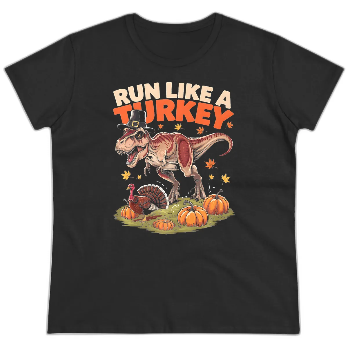 Run Like A Turkey Dinosaur Design Ladies Tee in Black