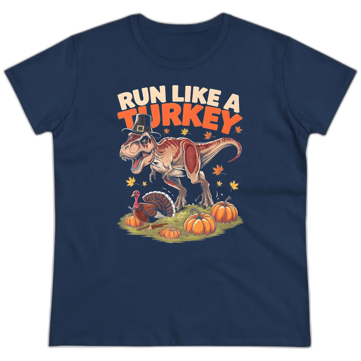 Run Like A Turkey Dinosaur Design Ladies Tee in Navy