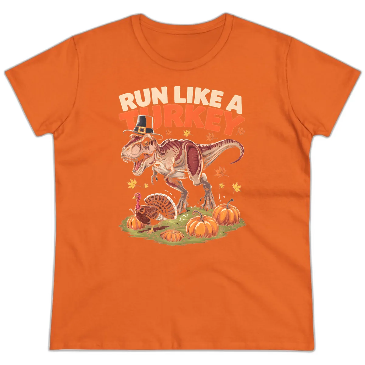 Run Like A Turkey Dinosaur Design Ladies Tee in Orange