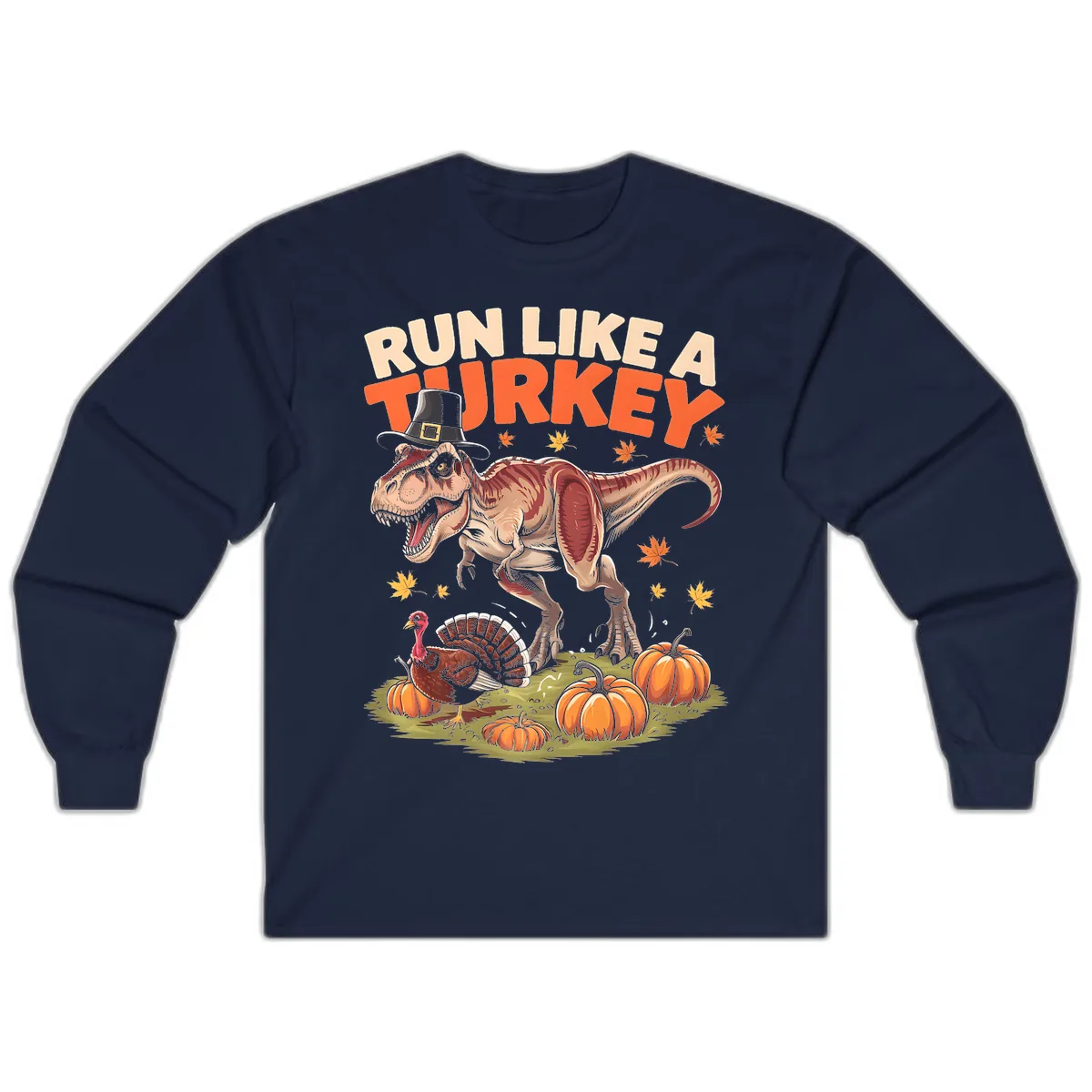 Run Like A Turkey Dinosaur Design Long Sleeve in Navy