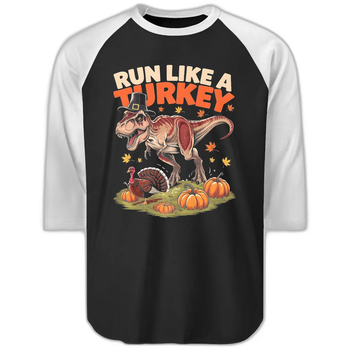 Run Like A Turkey Dinosaur Design Raglan 3/4 in Black White