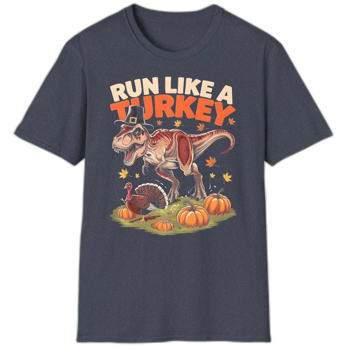 Run Like A Turkey Dinosaur Design T-Shirt in Heather Navy