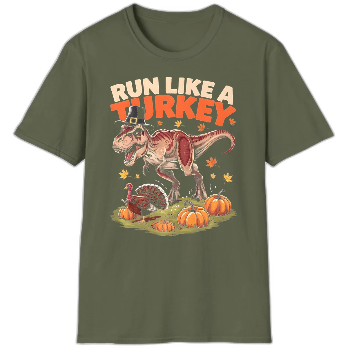 Run Like A Turkey Dinosaur Design T-Shirt in Military Green