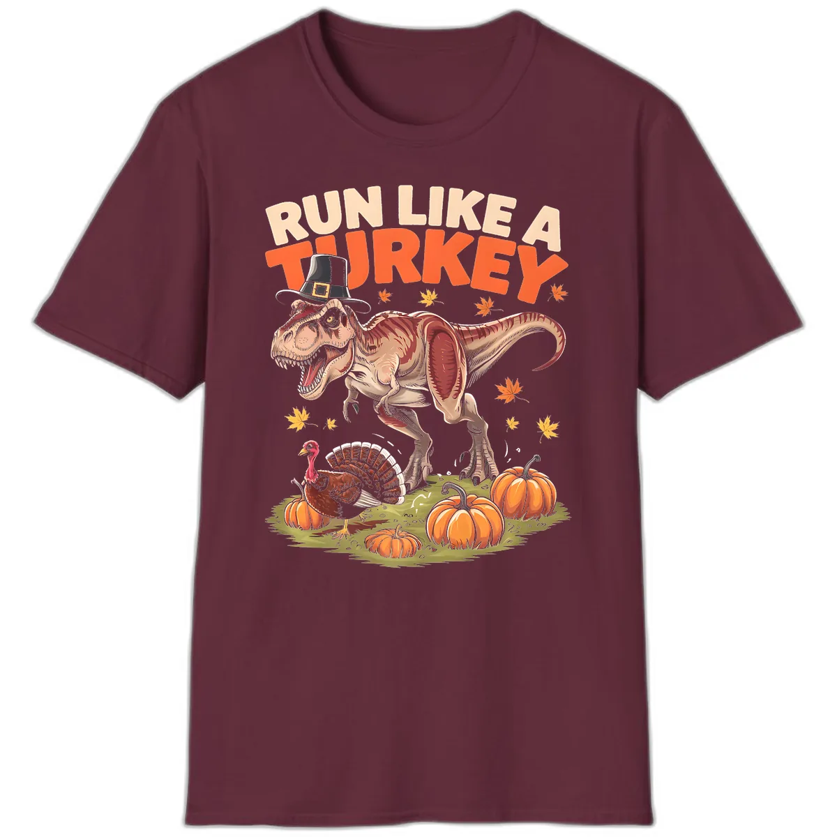 Run Like A Turkey Dinosaur Design T-Shirt in Maroon