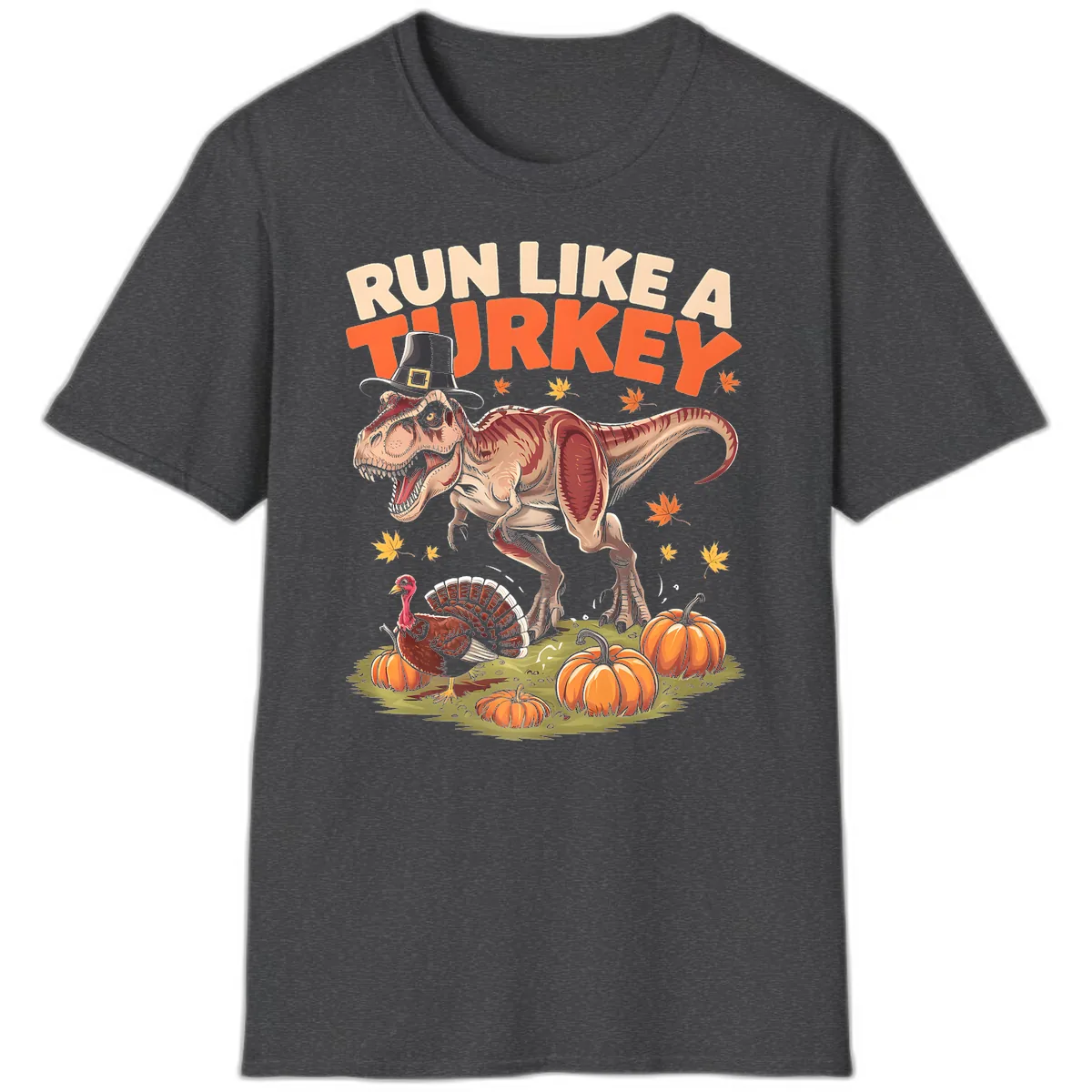 Run Like A Turkey Dinosaur Design T-Shirt in Dark Heather