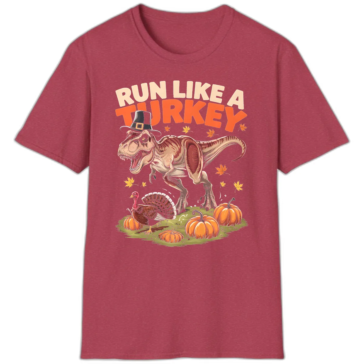 Run Like A Turkey Dinosaur Design T-Shirt in Heather Cardinal