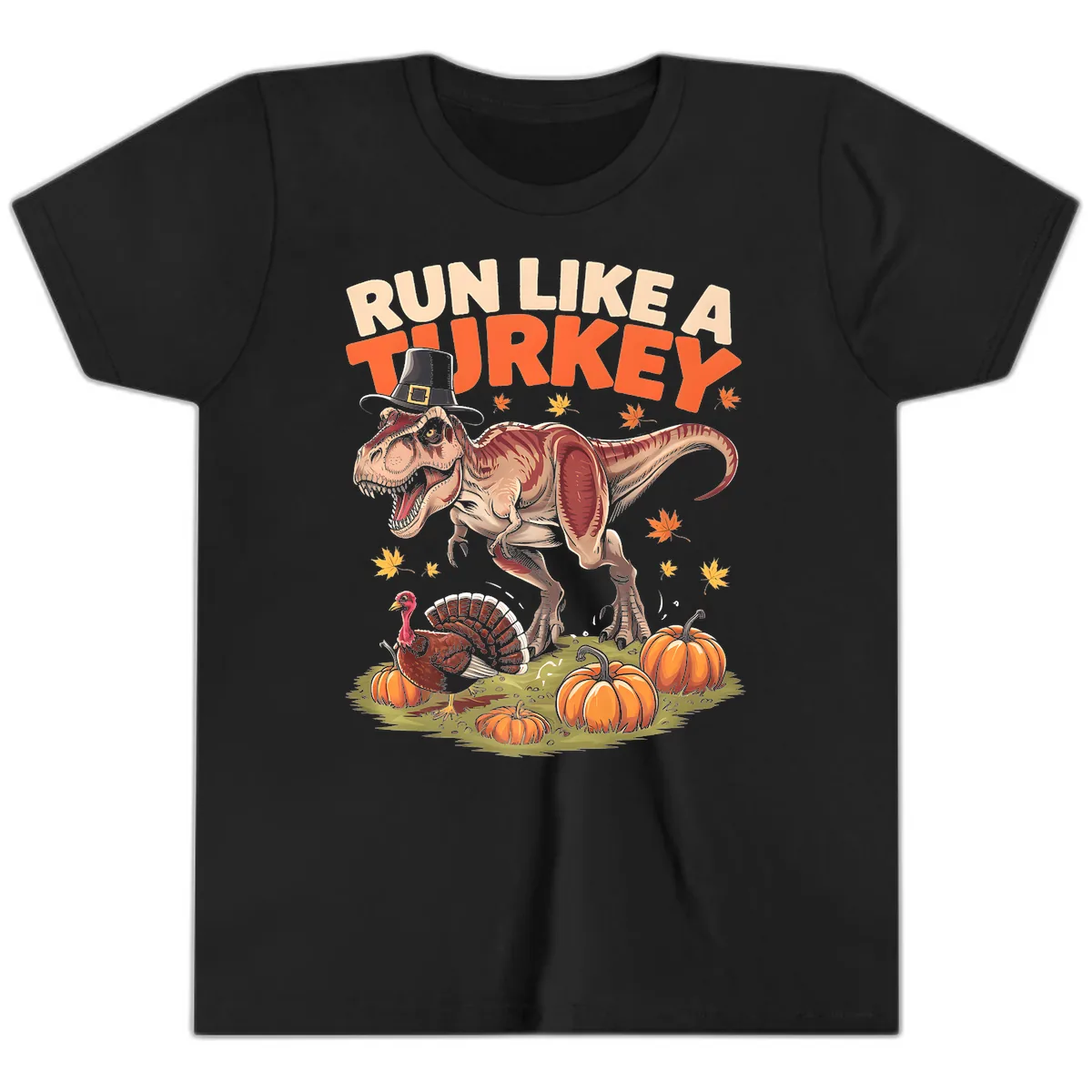 Run Like A Turkey Dinosaur Design Youth T-Shirt in Black