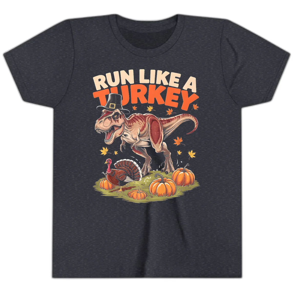 Run Like A Turkey Dinosaur Design Youth T-Shirt in Heather Navy