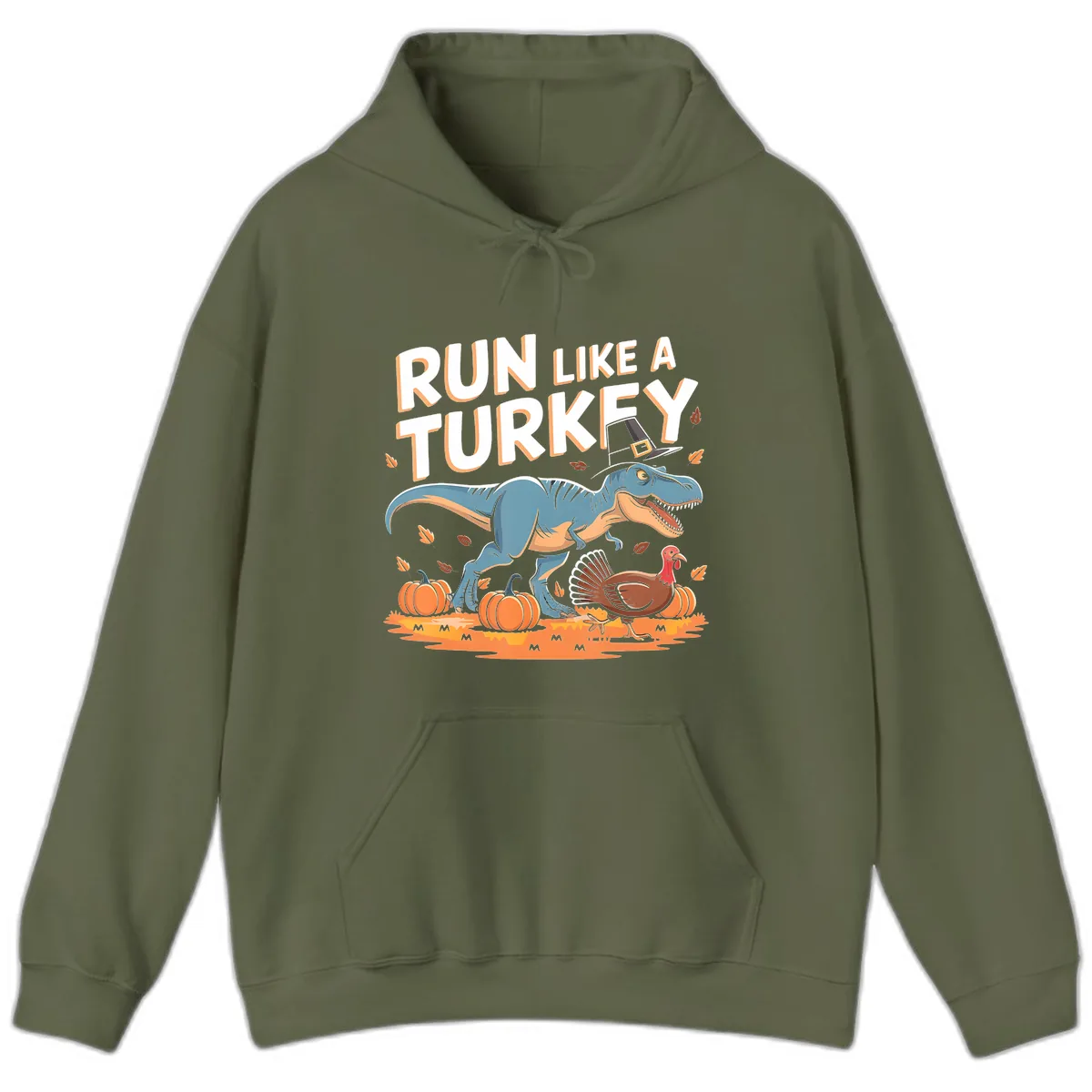 Run Like A Turkey Dinosaur Design Hoodie in Military Green