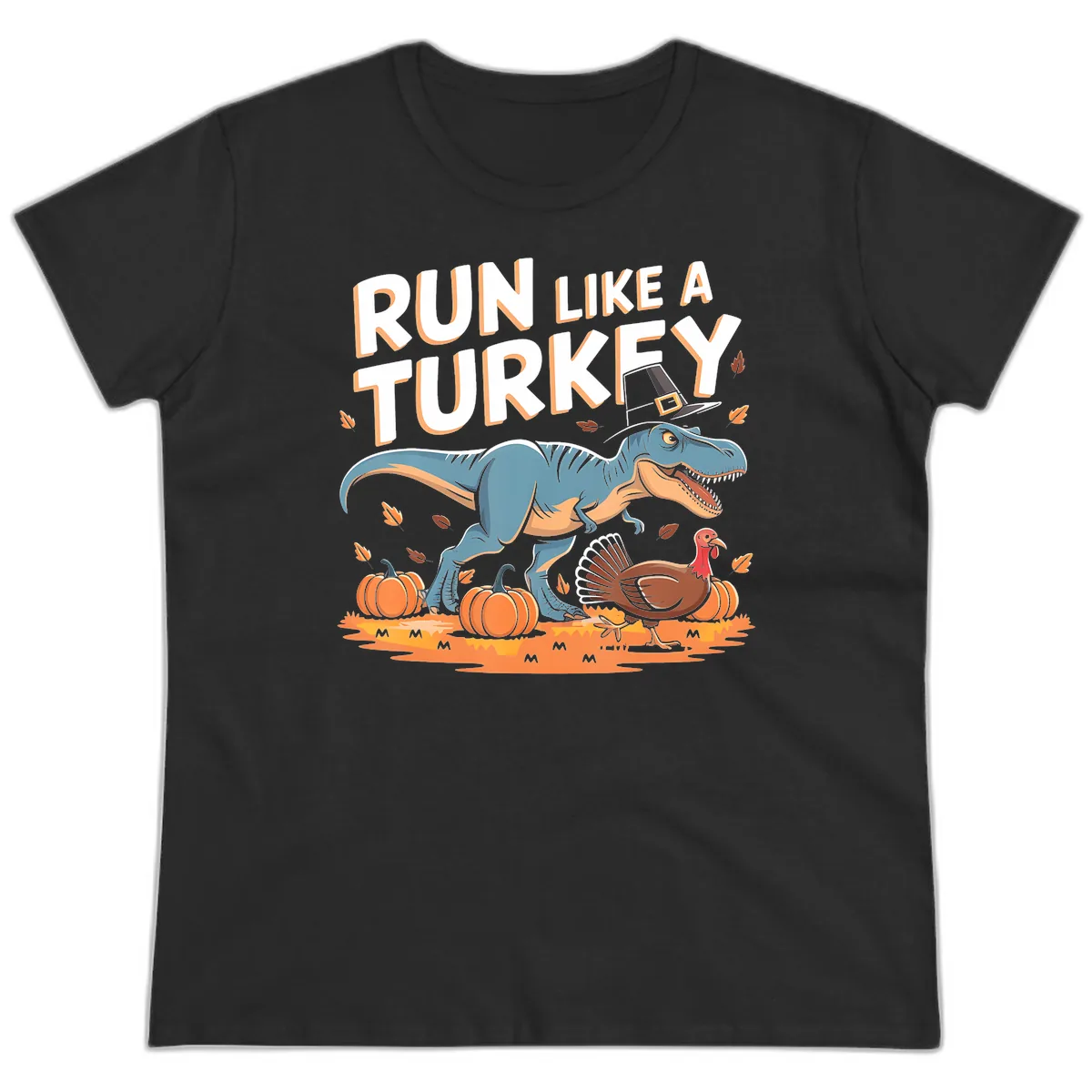 Run Like A Turkey Dinosaur Design Ladies Tee in Black