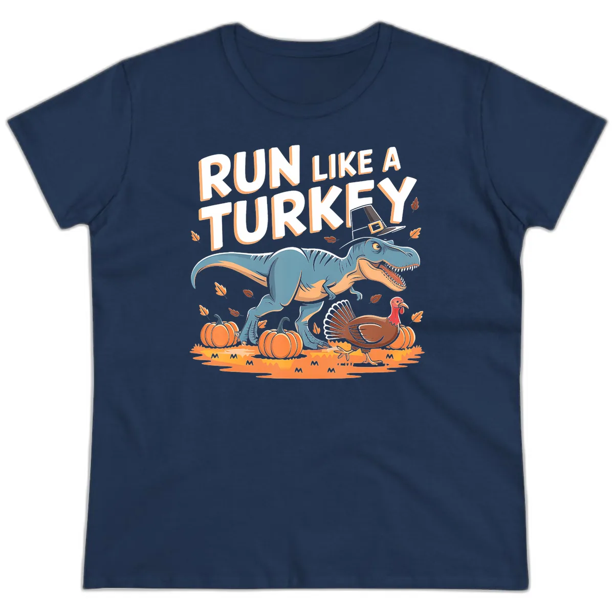 Run Like A Turkey Dinosaur Design Ladies Tee in Navy
