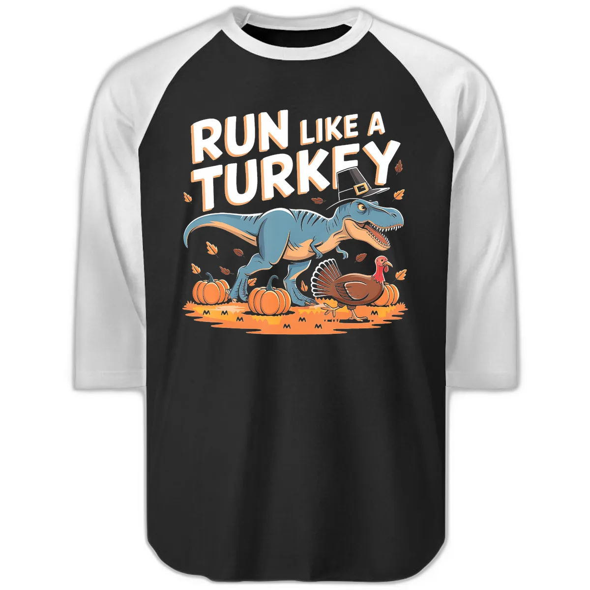 Run Like A Turkey Dinosaur Design Raglan 3/4 in Black White