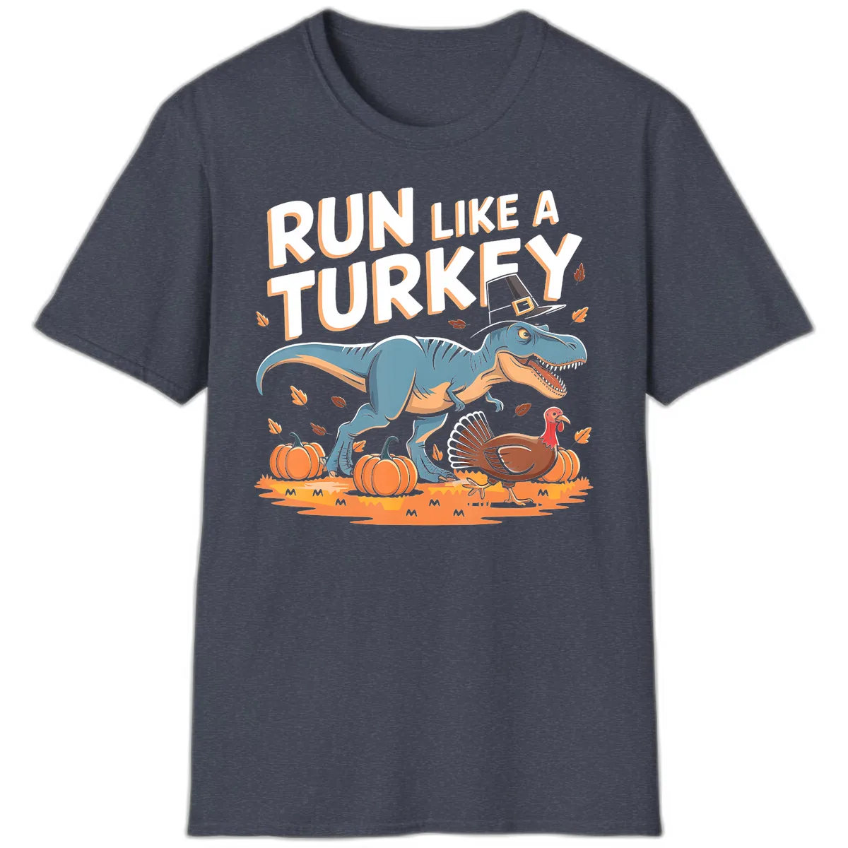 Run Like A Turkey Dinosaur Design T-Shirt in Heather Navy
