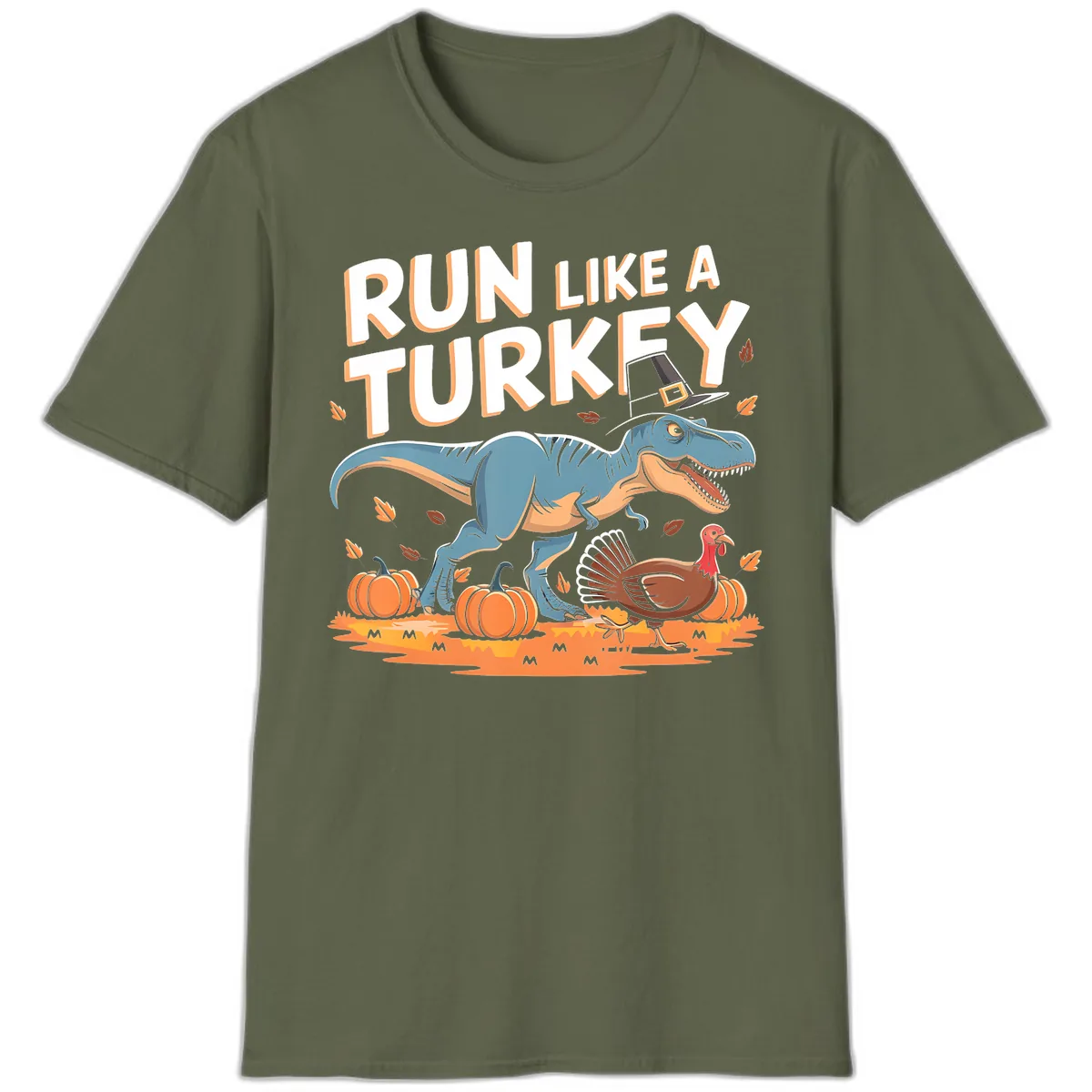 Run Like A Turkey Dinosaur Design T-Shirt in Military Green