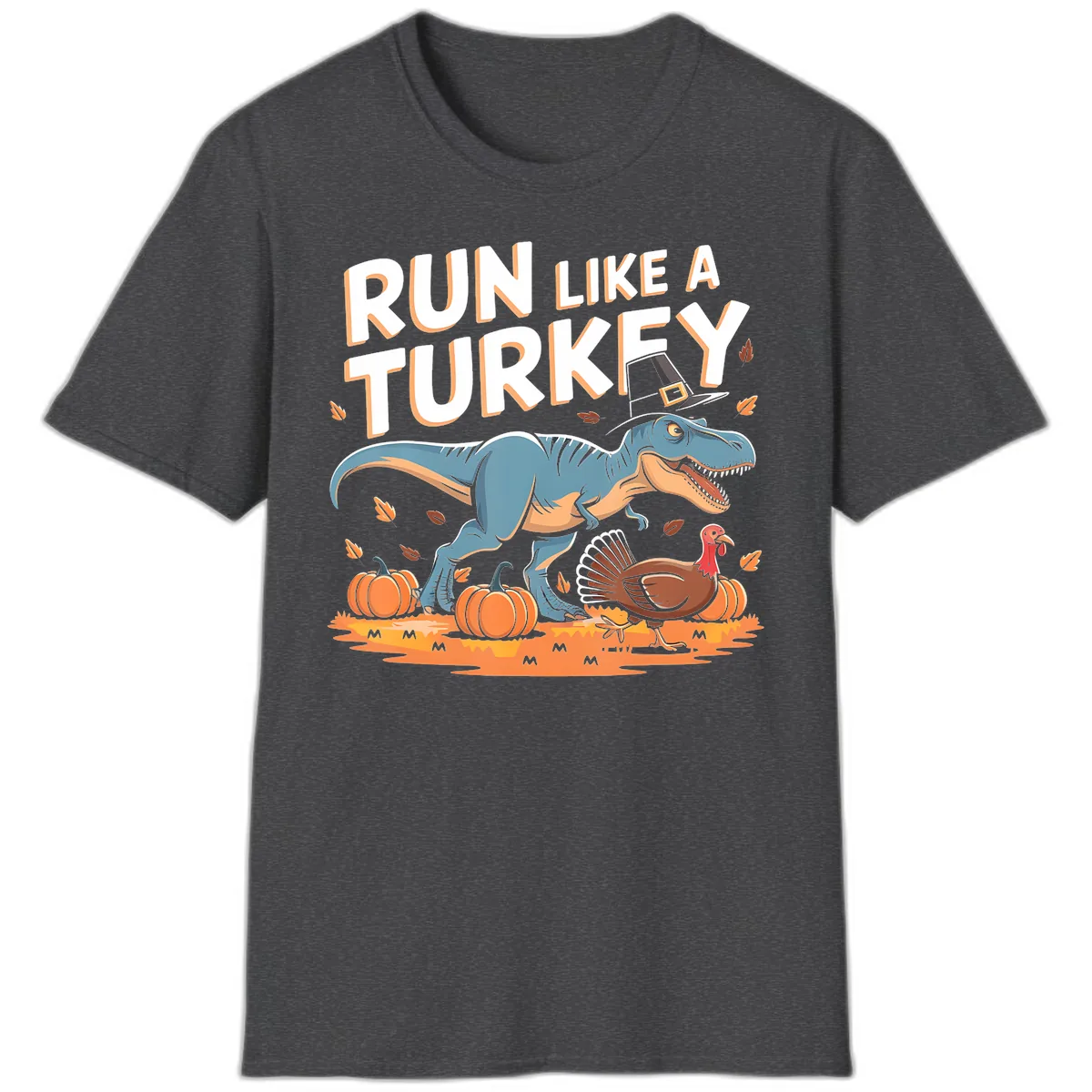 Run Like A Turkey Dinosaur Design T-Shirt in Dark Heather