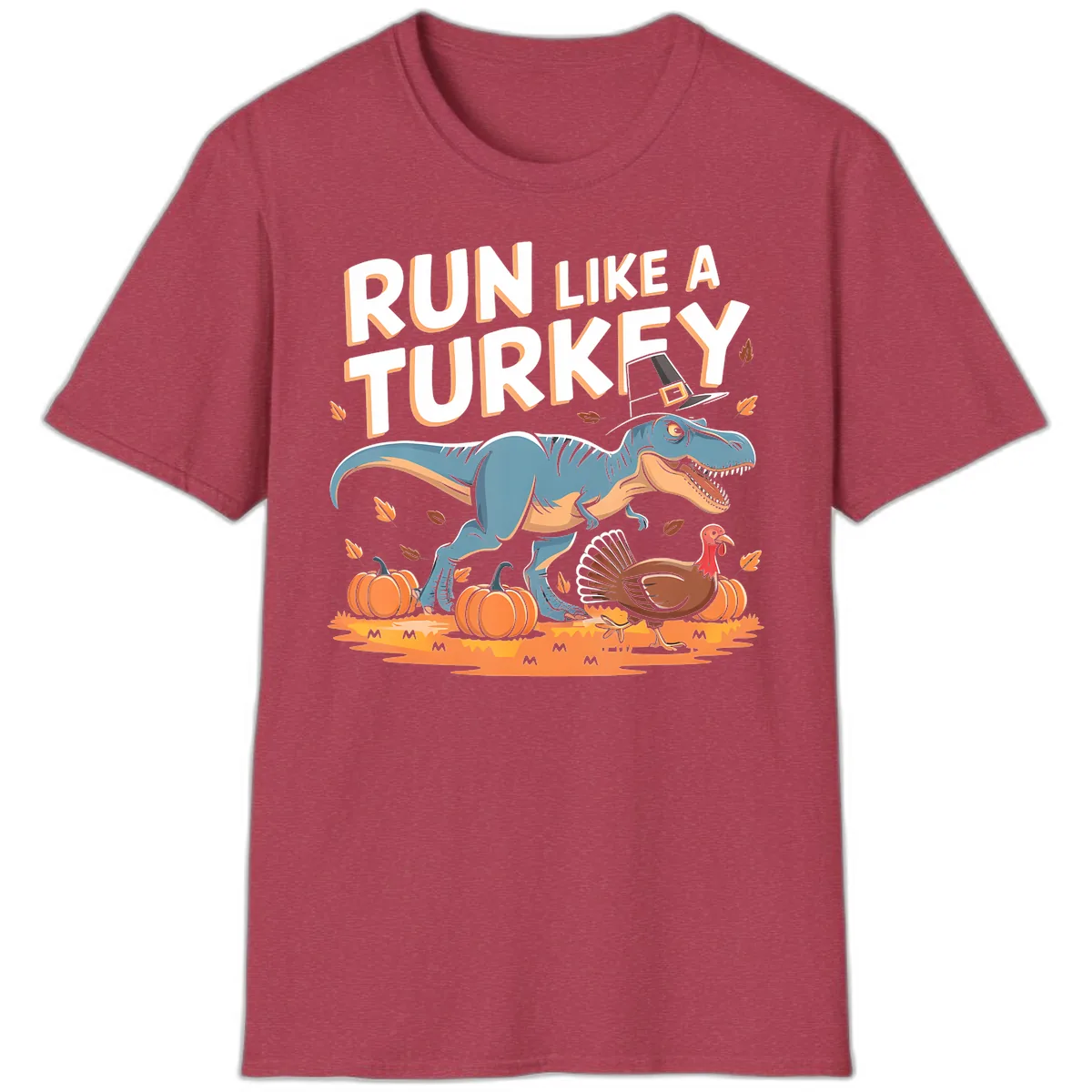 Run Like A Turkey Dinosaur Design T-Shirt in Heather Cardinal