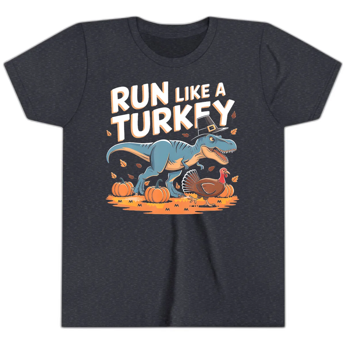 Run Like A Turkey Dinosaur Design Youth T-Shirt in Heather Navy