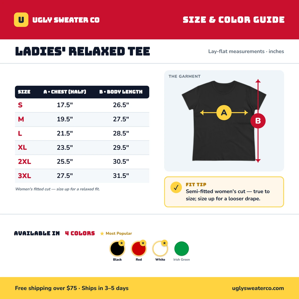 Ladies Tee size & color guide
