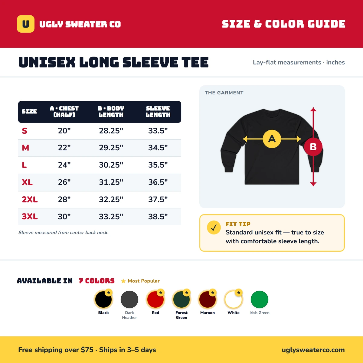 Long Sleeve size & color guide