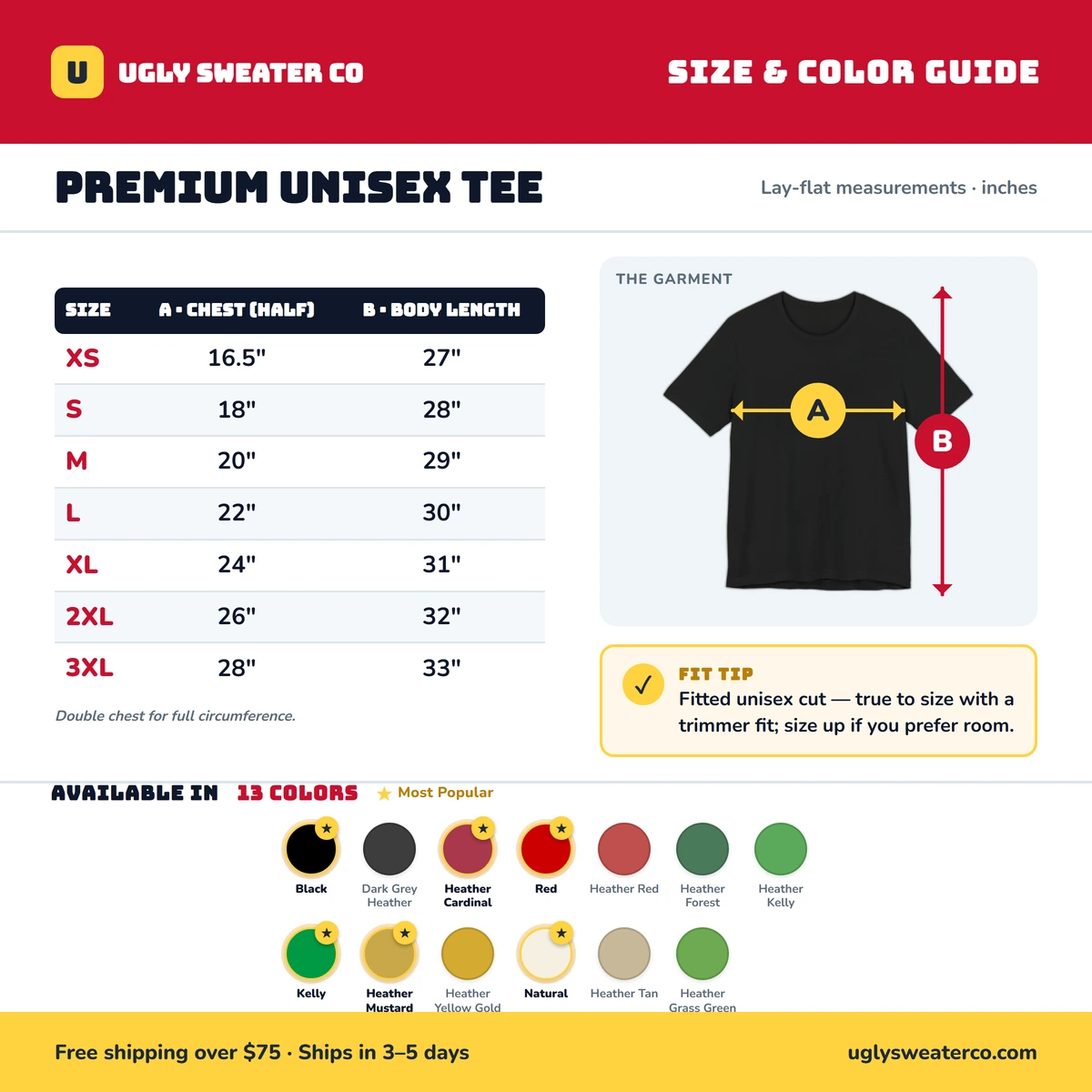 Premium T-Shirt size & color guide