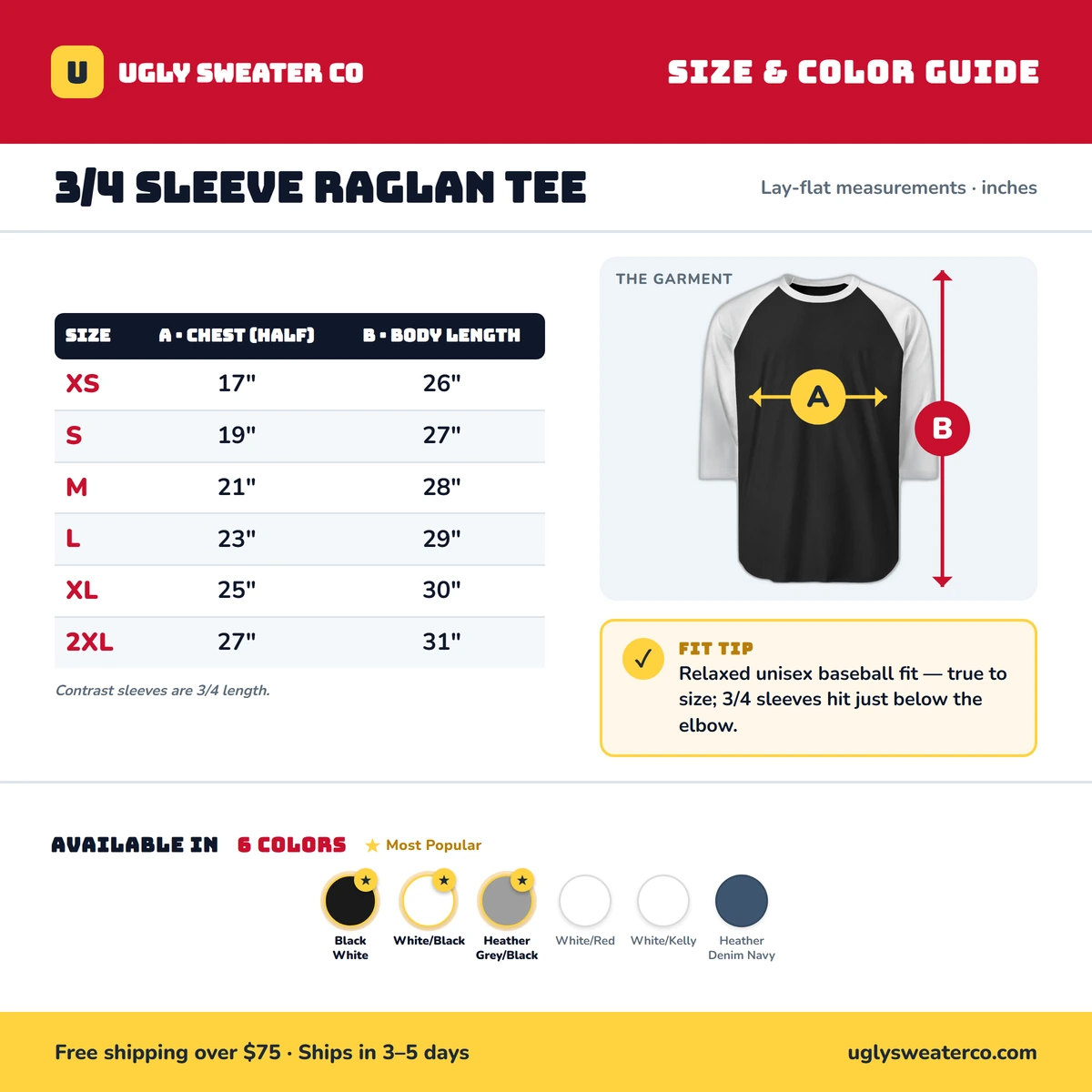 Raglan 3/4 size & color guide