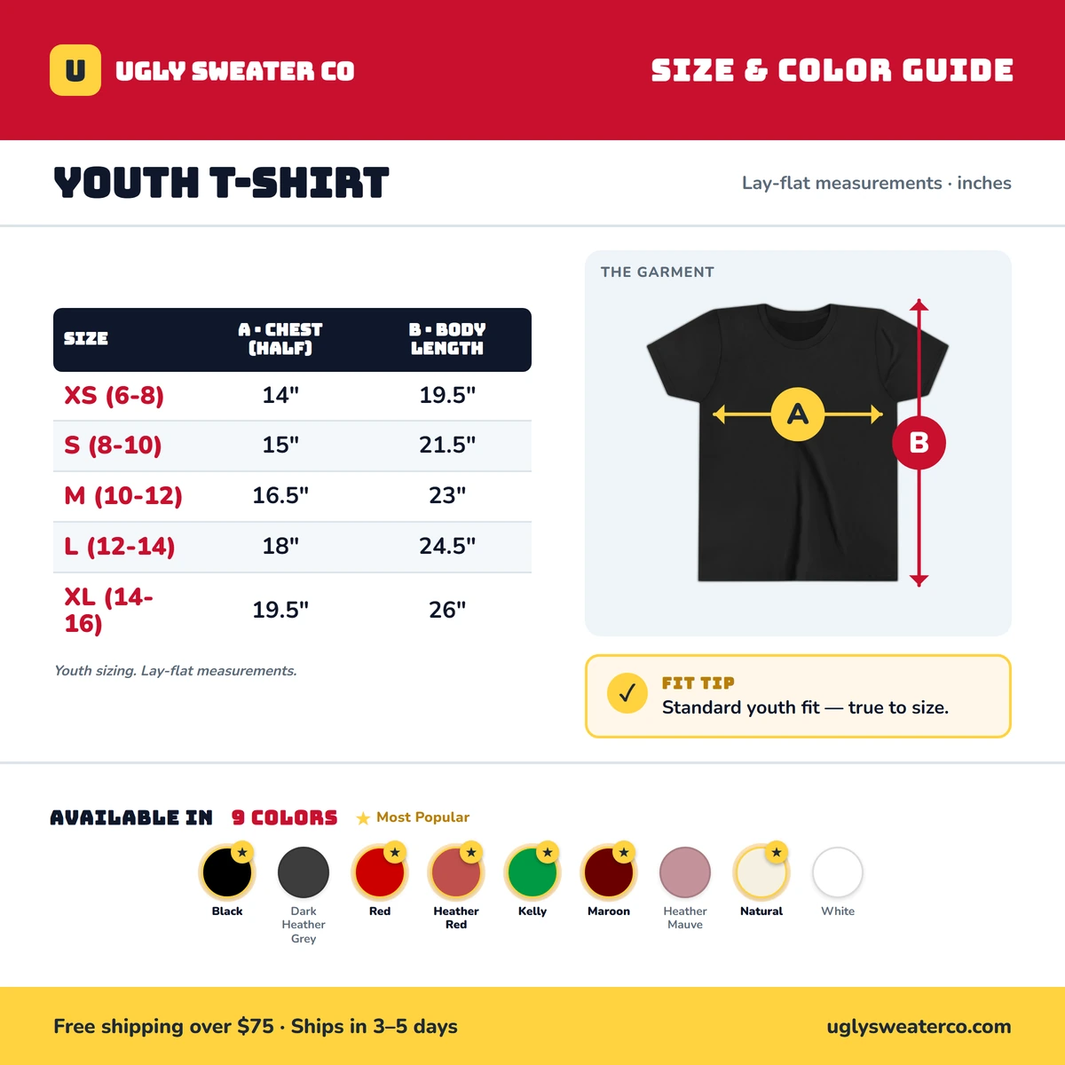 Youth T-Shirt size & color guide