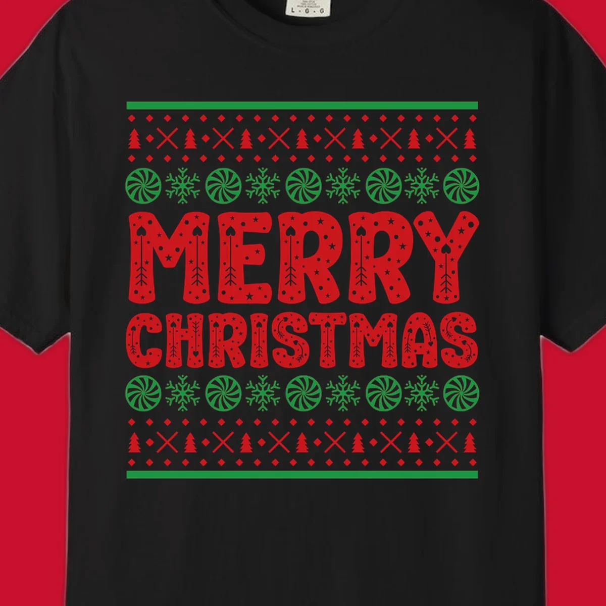 Merry Christmas ugly sweater design with red text and festive holiday patterns.