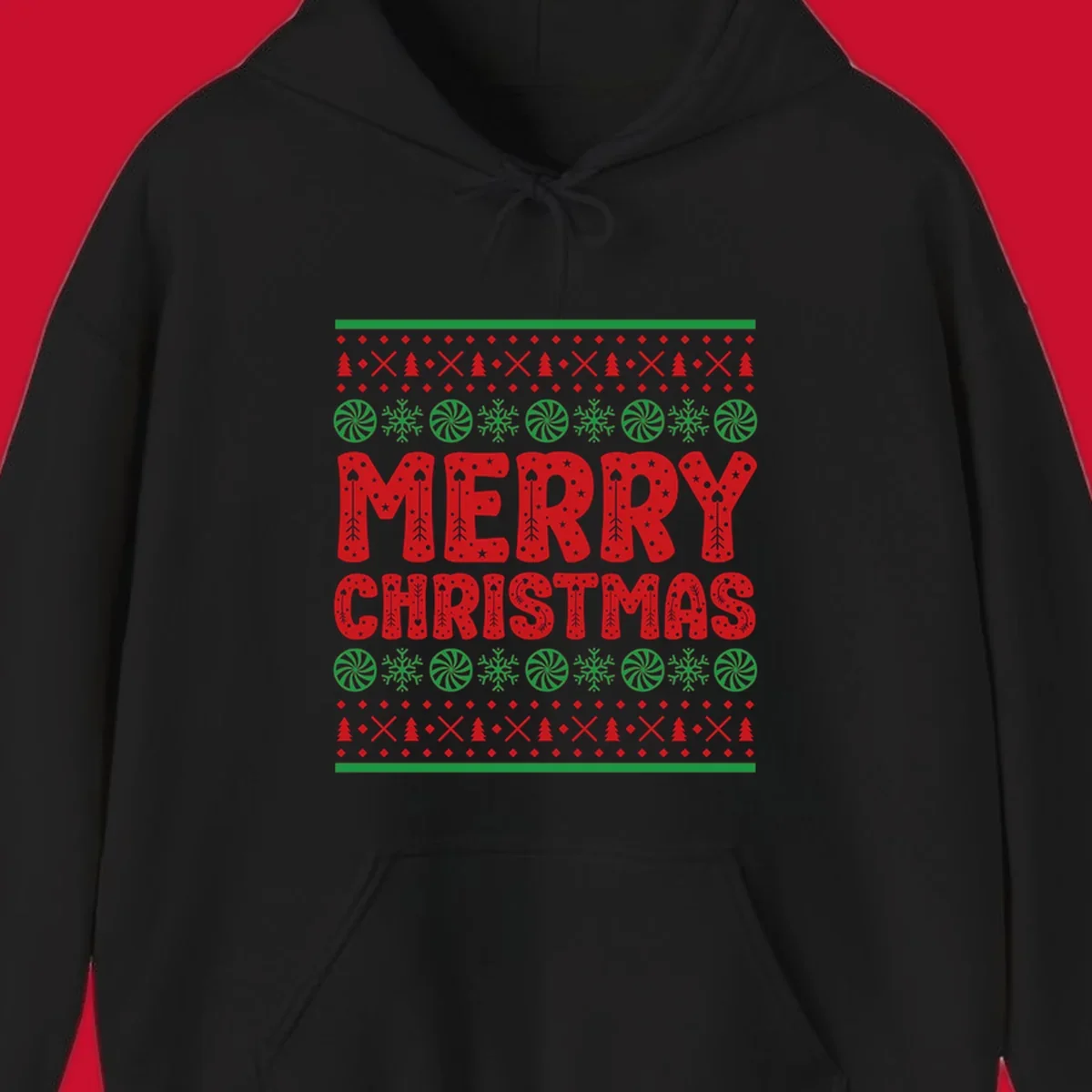 Merry Christmas ugly sweater design with red text and festive holiday patterns.